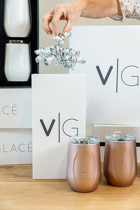 Vinglacé Wine Bottle Chiller Gift Set- Portable Stainless Steel Wine Cooler with 2 Stemless Wine Glasses, Rose Gold