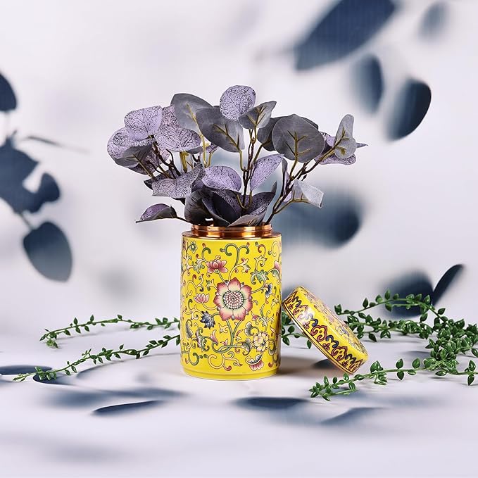 XINGYAN Chinoiserie Enamel Ginger Jar with Twist Lid - Traditional Chinese Blue and White Porcelain Style-Cylinder Design (Yellow Cylinder)