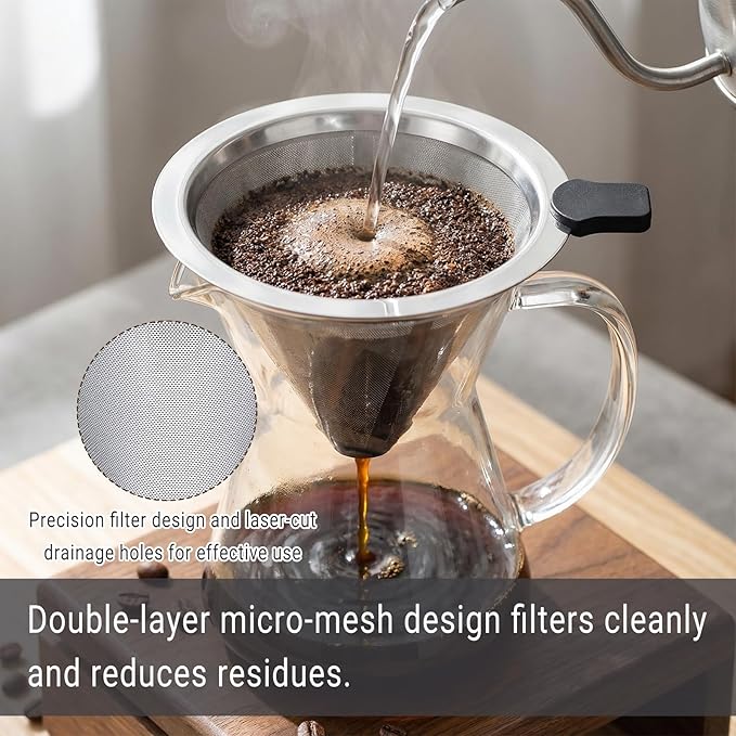 Pour Over Coffee Filter Dripper Stainless Steel Paperless Drip Coffee Tea Filter Small Size Reusable Double Mesh Coffees Maker Dripper for 1-2 Cups