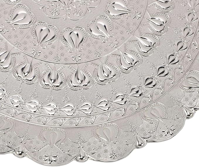 Turkish Tea Coffee Serving Tray, Vintage Style Round Coffee Plate, Embossed Pattern Metal Tray for Bar Outdoor Dresser Dessert, Multi Purpose Serving Tray for Coffee Tea Jewelry Co (Silver)
