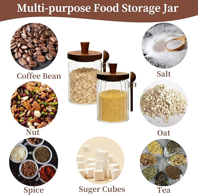 Sugar Bowl with Lid and Spoon,20 oz Sugar Container for Coffee Bar, Glass Coffee Canister, Airtight Food Storage Jar, Brown Sugar Container, Cereal Tea Salts Spice Jar（Stripe）