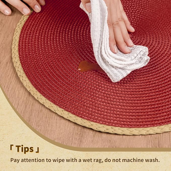 Noctiflorous Round Placemats Set of 8, 15 Inch Braided Hand Woven Table Mats, Heat Resistant Non-Slip Wipeable Thin Edge Place Mats for Kitchen Dining Indoor Outdoor Use(Red, 8)