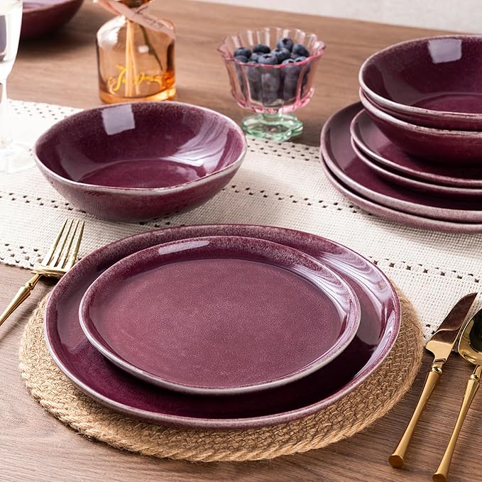 AmorArc Ceramic Dinnerware Sets,Handmade Reactive Glaze Stoneware Plates and Bowls Sets,Highly Chip and Crack Resistant | Dishwasher & Microwave Safe Dishes Set,Service for 4 (12pc)