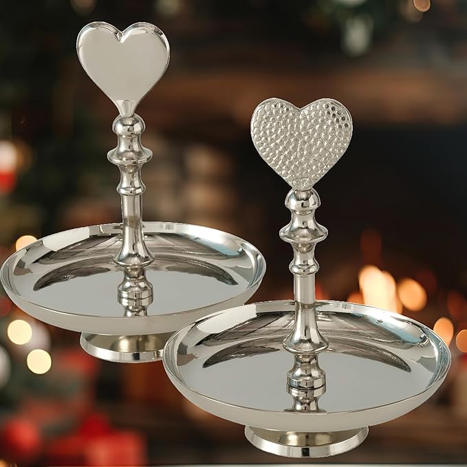 Heart Handle Serving Trays, Set of 2, Single Tier, Handmade, Gleaming Silver Metal, Circular, Pedestal Base, Aluminum, 8.25 Inches