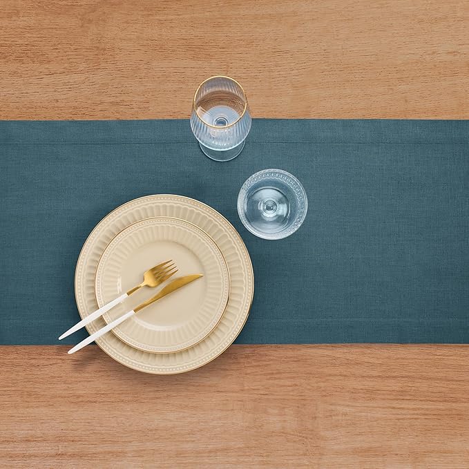 Solino Home Peacock Blue Table Runner 36 Inches - 100% Pure Linen Short Table Runner 14 x 36 Inch Ideal for Dresser and Coffee Tables - Fete