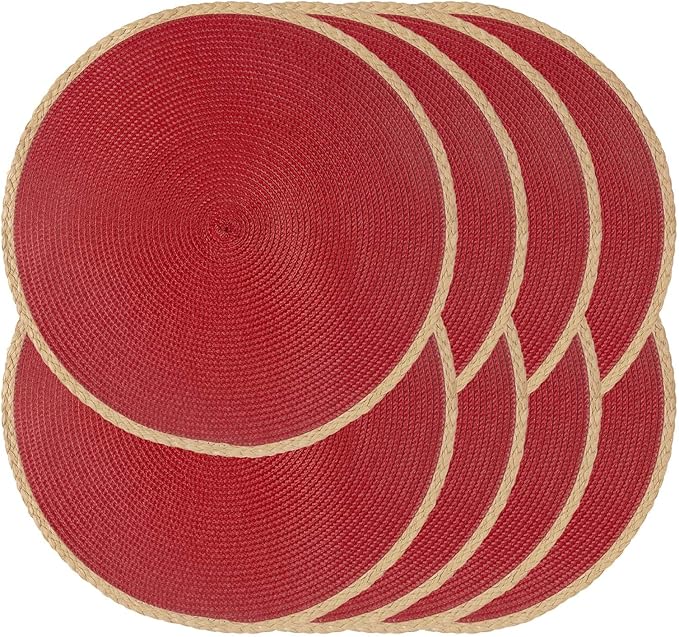 Noctiflorous Round Placemats Set of 8, 15 Inch Braided Hand Woven Table Mats, Heat Resistant Non-Slip Wipeable Thin Edge Place Mats for Kitchen Dining Indoor Outdoor Use(Red, 8)