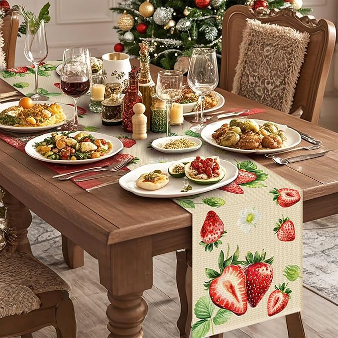 Strawberry Table Runner Seasonal Spring Kitchen Dining Linen Table Decoration for Indoor Outdoor Home Party Decor 13 x 72 Inch
