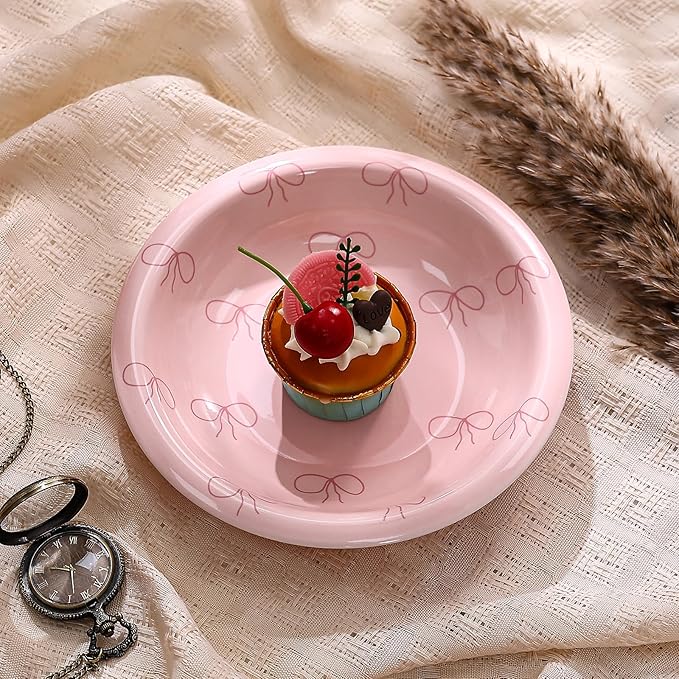 Koythin Ceramic Dessert Plates, Cute Pink Dish Bow Salad Plates for Home Party Restaurant, Round Kitchen Plates, Microwave and Dishwasher Safe (Pink Plate Bow)