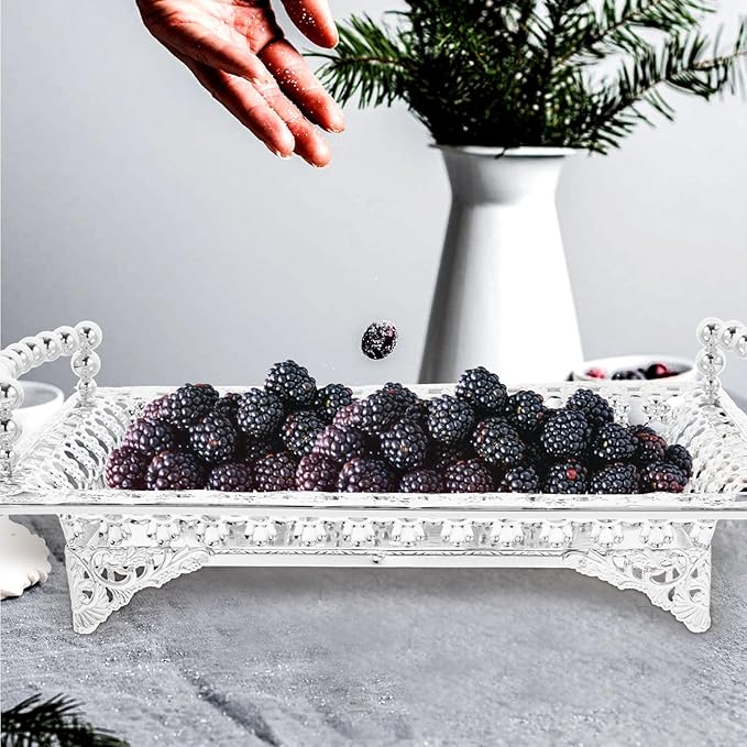 Luxshiny Silver Metal Fruit Tray with Glass Base, Nordic Style Beaded Handle Decorative Snack and Dessert Serving Plate for Home, Hotel, and Party Use