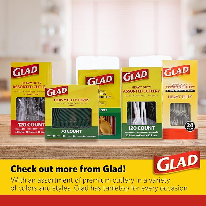 Glad Crystal Clear Assorted Plastic Cutlery Forks, 24 Count | Clear And Heavy Duty Plastic Silverware | 8 Forks, 8 Knives, 8 Spoons | Glad Disposable Tabletop