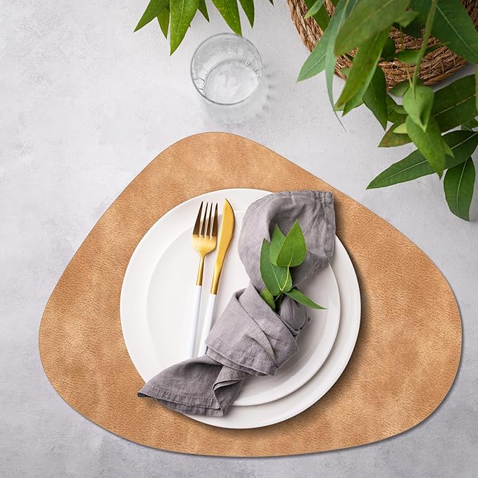 ADRIMER Placemats, Heat Resistant Round Placemats Set of 12 Washable 13 x 17 Inch, Waterproof Table Mats Wipeable for Kitchen, Dining Room Table Christmas Decor, Camel
