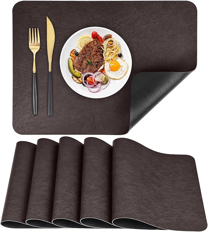Faux Leather Placemats Set of 6, Vinyl Placemats Wipeable Waterproof Oil-Proof Table Mats, Heat Resistant Place Mats for Kitchen Indoor Outdoor, 16.9 x 11.8 Inch (Choco Brown/Black)