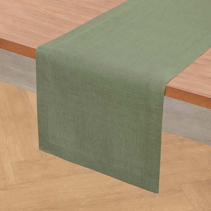 Solino Home Linen Table Runner 60 Inches - 100% Pure Linen Oil Green Table Runner 14 x 60 Inch Ideal for Dresser and Coffee Tables - Christmas, New Year - Fete