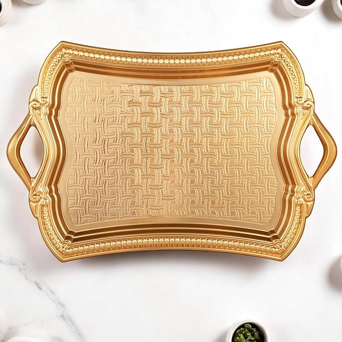 Alisveristime 2-Person Rectangular Metal Serving Tray – Ottoman Motif, (14.6" x 9", 13.1 oz) (Gold)