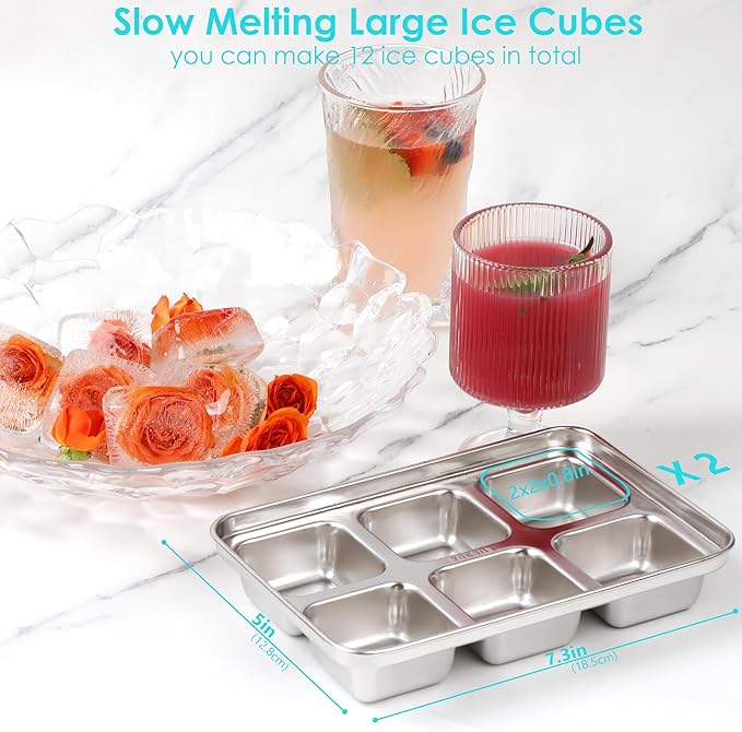 Ice Cube Tray with Lid, 2 Pack 12 Big Cubes, Stainless Steel Ice Cube Trays for Freezer, Ice Cube Molds for Cocktails, Whiskey, Drinks, and Ice Coffee, Easy Release