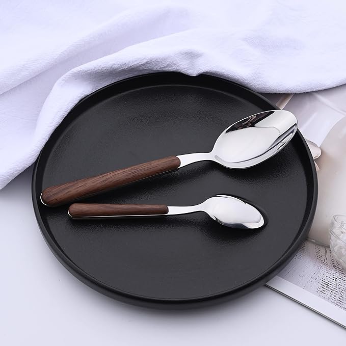 24 Piece Tableware Silverware Set with Faux Wooden Handle, Brown Silver Stainless Steel Flatware Cutlery Set for 6, Utensil Set for Home Including Forks Spoons Knives, Mirror Polished