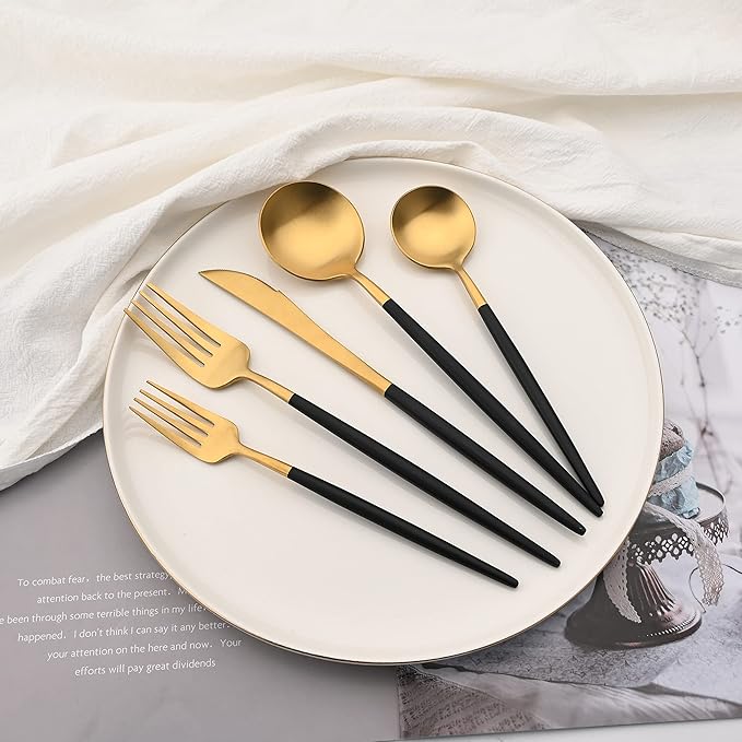 Stainless Steel Mirror Polished Gold Flatware Set, Steak Knife Dinnerware Knife Fork Salad Fork Dessert Spoon 5-piece, Service for 1