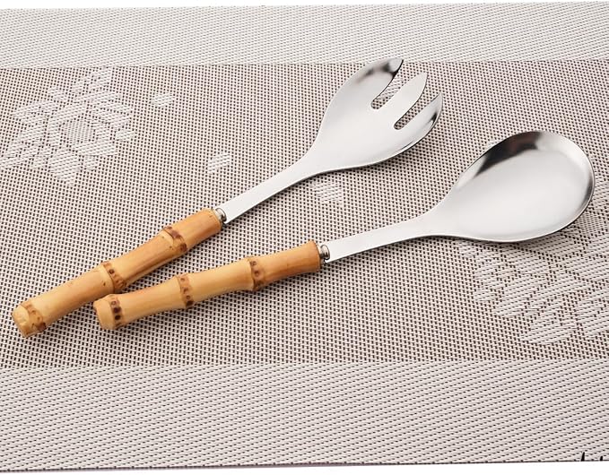 Gugrida Flatware Silverware Serving Set Silver Stainless Steel Hostess Serving Utensil Set with Bamboo Handle Dishwasher Safe, 2 Serving Spoon 2 Serving Fork