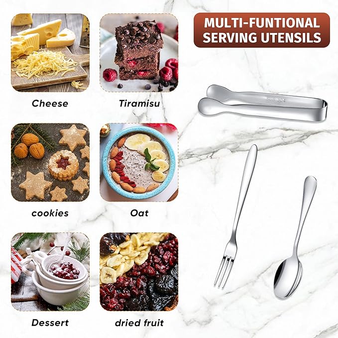 Cunhill 24 Pcs Charcuterie Accessories Mini Cocktail Tongs Small Serving Spoons and Appetizer Forks Stainless Steel Tongs Charcuterie Utensils for Valentine Party Supplies(Sharp Spoon,Silver)