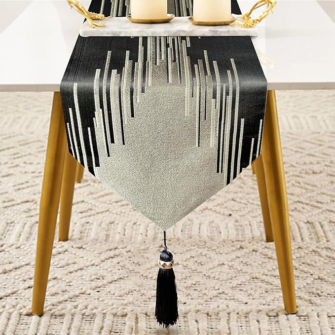 Black Table Runner 72 Inches Long Handmade Embroidery Modern Abstract Striped Pattern with Ring Stylish Tassels for Home Living Room Bedroom Dinner Room Kitchen Art Decor Thanksgiving
