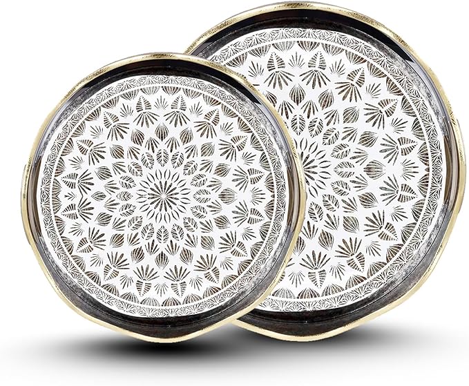 Round Serving Tray with with Handles Antique Look & Stylish Design Decorative Trays for Kitchen Round Ottoman Tray for Dinning Living Room & Home Decor Pack of 2 (Black-Gold)