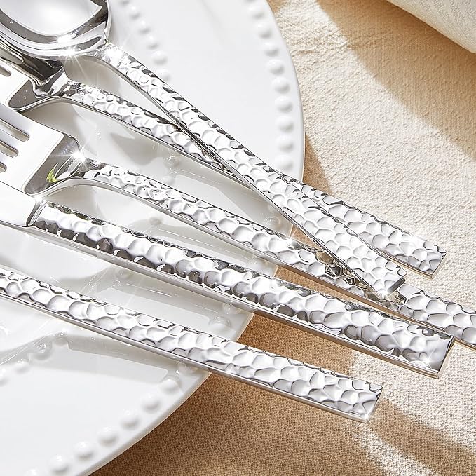 KINGSTONE 60 Piece Hammered Silverware Set and 12 Piece Serving Utensils Set