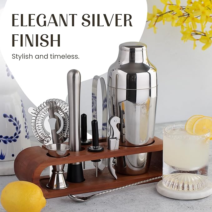 Mixology & Craft Bartender Kit: 10-Piece Cocktail Shaker Set with Dark Bamboo Stand | Complete Cocktail Kit Gift Set | Top Bartender Gifts for Men & Women | Leak-Proof Design (Silver)