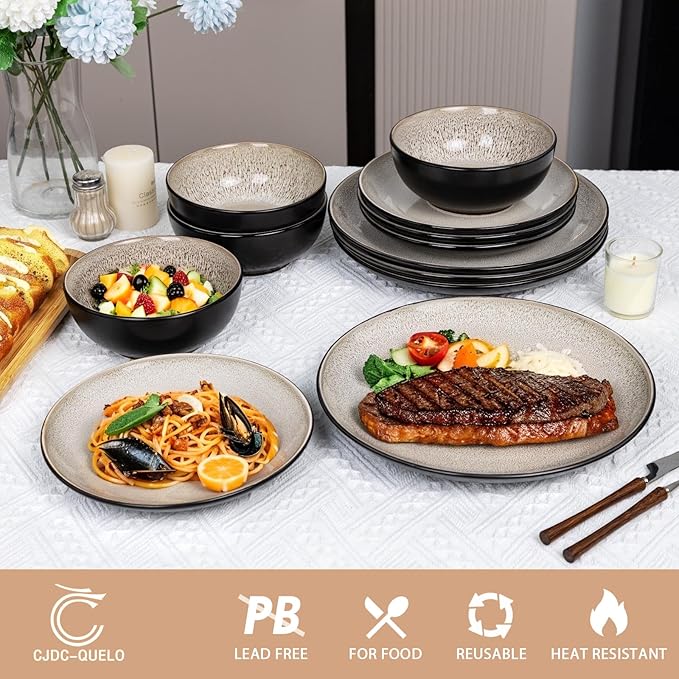 Plates and Bowls Sets for 6 - CJDC-QUELO 24-Piece Stoneware Dinnerware Sets, Ceramic Dishware Set for Indoor Kitchen Use and Formal Dining, Chip and Scratch Resistant Microwave Dishwasher Safe, Brown