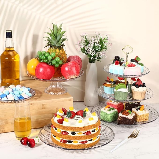 6 Pcs Acrylic Cake Stands Set Include Display Risers Cupcake Tower and Clear Round Dessert Trays Cake Table Holder for Wedding Baby Shower Decoration (Vivid Style)