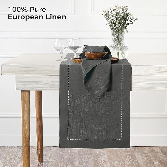D'Moksha Homes Linen Charcoal Grey Table Runner 132 Inches Long - 100% Pure Linen Extra Long Table Runner 14 x 132 Inch for Winter, Christmas, Holiday, New Year - Classic Hemstitch