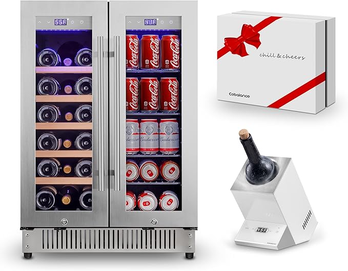 Cobalance 24 Inch Dual Zone Wine and Beverage Refrigerator-72 Cans and 20 Bottles Cooler, & Single Bottle Wine Chiller,Built-in or Freestanding Fridge for Beer, Soda, Drinks, Home, Bar