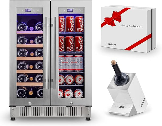 Cobalance 24 Inch Dual Zone Wine and Beverage Refrigerator-72 Cans and 20 Bottles Cooler, & Single Bottle Wine Chiller,Built-in or Freestanding Fridge for Beer, Soda, Drinks, Home, Bar
