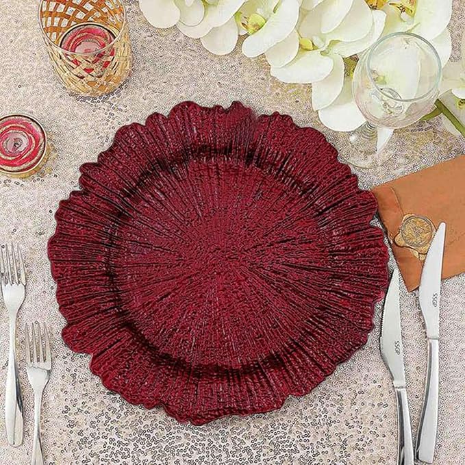 13" Charger Plates - Set of 24 - Acrylic Burgundy Round Reef Disposable Chargers, Ideal for Dinner Party Wedding Holiday Bulk Events