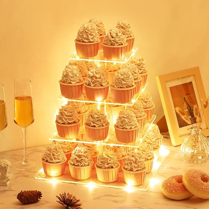 4 Tier Cupcake Stand with LED String Light, Acrylic Cupcake Display Stand, Square Cupcake Tower Holder, Cup Cake Stand for Birthday, Wedding, Baby Shower, Party