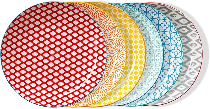 ONEMORE Colorful Dinner Plates Set of 6,10.5 inch Porcelain Salad Plates - Microwave, Oven & Dishwasher Safe Large Ceramic Plate for Pasta, Pizza - Geometric Style Scratch Resistant - Assorted Colors