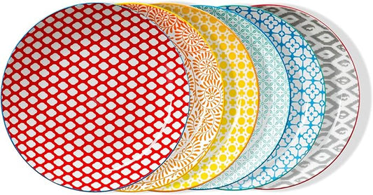 ONEMORE Colorful Dinner Plates Set of 6,10.5 inch Porcelain Salad Plates - Microwave, Oven & Dishwasher Safe Large Ceramic Plate for Pasta, Pizza - Geometric Style Scratch Resistant - Assorted Colors