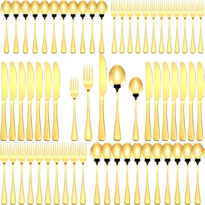 Dandat 500 Pcs Gold Silverware Set Stainless Steel Set with Dinner Forks Knife Spoon Dessert Forks Steak Knives Cutlery Flatware for 100 Guest Wedding Dinner Party Restaurant Home Holiday Party