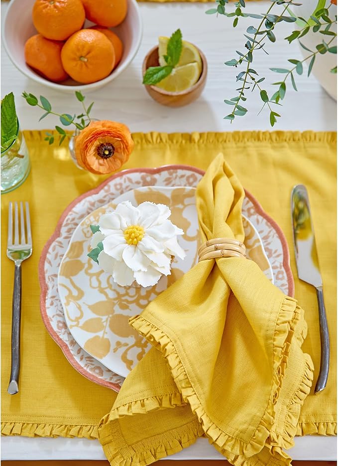 Solino Home Mustard Yellow Linen Dinner Napkins 20 x 20 Inch - 100% Pure Linen Juliette Ruffle Cloth Napkins Set of 4 - Handcrafted and Machine Washable