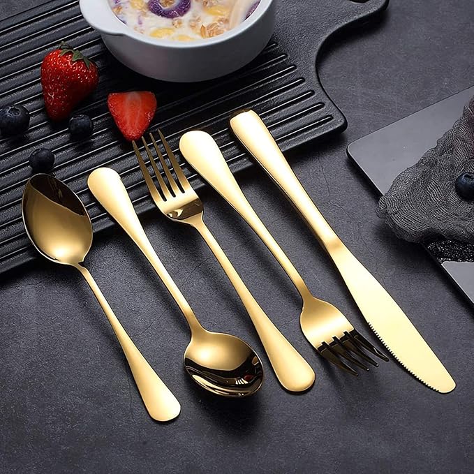 20-Piece Gold Serving Flatware Silverware Set, Stainless Steel Serving Utensil Set, Cutlery Set Service For 4 ，Dishwasher Safe Perfect For Home Kitchen Restaurant (Gold)