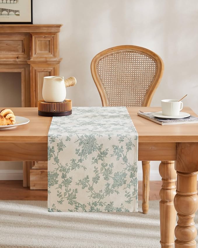100% Cotton French Pastoral Table Runners, 13x108 Inch Vintage Green Farmhouse Table Runners 108 Inches Long, Vintage Flowers Print Home Decors