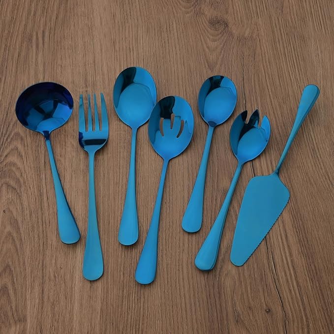 7 Pcs Purple Serving Utensils, Stainless Steel Flatware Serving Set, Include Cake Server/Slotted Spoon/Serving Spoon and Fork/Soup Ladle, Serveware Set for Buffet and Party