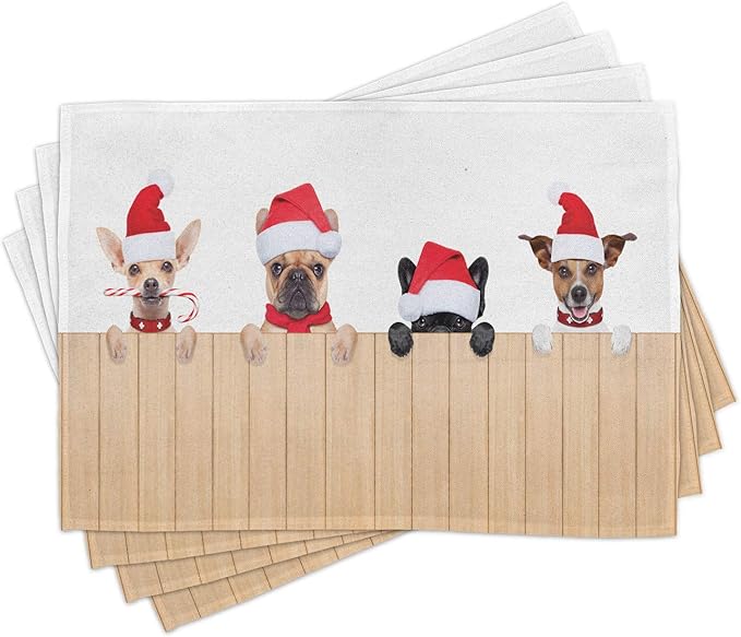 Ambesonne Christmas Place Mats Set of 4, Group of Santa Claus Dogs Over Wooden Fences Humor Animals Noel Puppies Pet Graphic, Washable Fabric Placemats for Dining Table, Standard Size, Tan Red