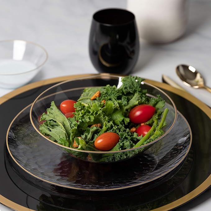 [16 OZ 20 Count] Clear Plastic organic Party Soup bowls With Gold Rim Premium heavyweight Elegant Disposable Tableware Dishes