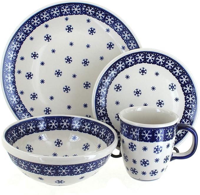 Blue Rose Polish Pottery - Blue Snow Flurry 16 Piece Dinnerware Set - 4 Place Settings - Ceramic Dinnerware Set, Unique Christmas Gift & Festive Tableware