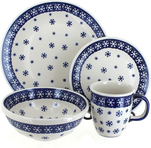 Blue Rose Polish Pottery - Blue Snow Flurry 16 Piece Dinnerware Set - 4 Place Settings - Ceramic Dinnerware Set, Unique Christmas Gift & Festive Tableware