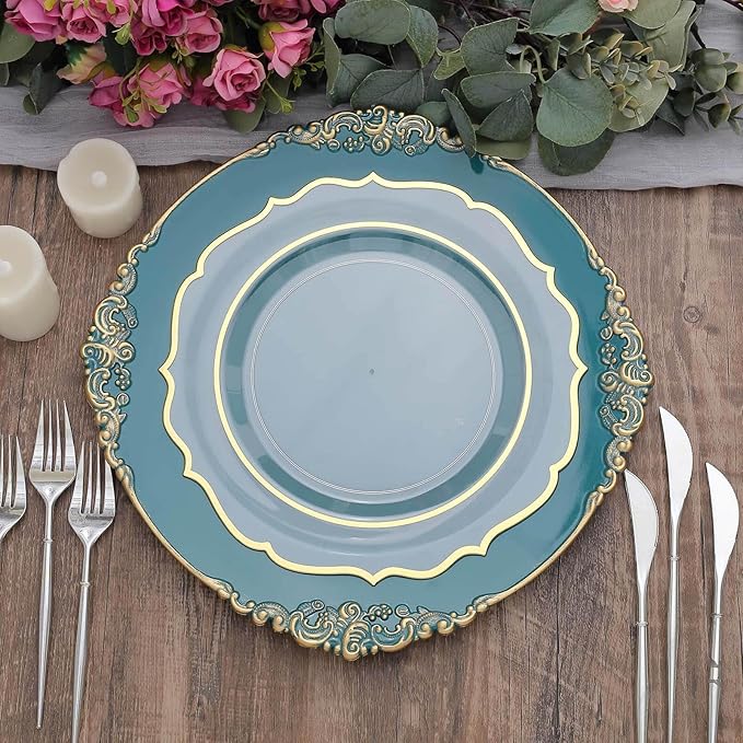 13" Charger Plates -Set of 24 - Acrylic Teal Round Baroque Disposable Chargers Leaf Embossed Rim, Ideal for Dinner Party Wedding Bulk Events