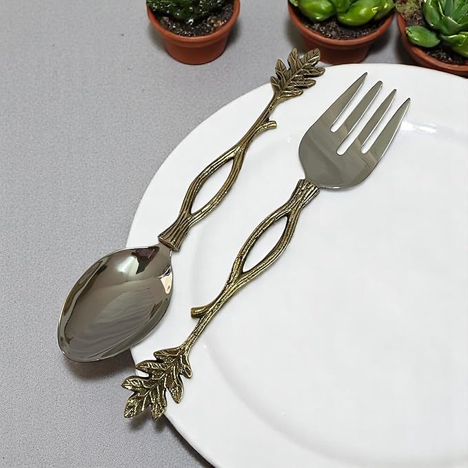 Gold Salad Serving Spoon and Fork Set – Stainless Steel with Decorative Leaf Handle – Elegant 2-Piece Flatware Set for Salad, Pasta, Fruits (11.5" Inches)
