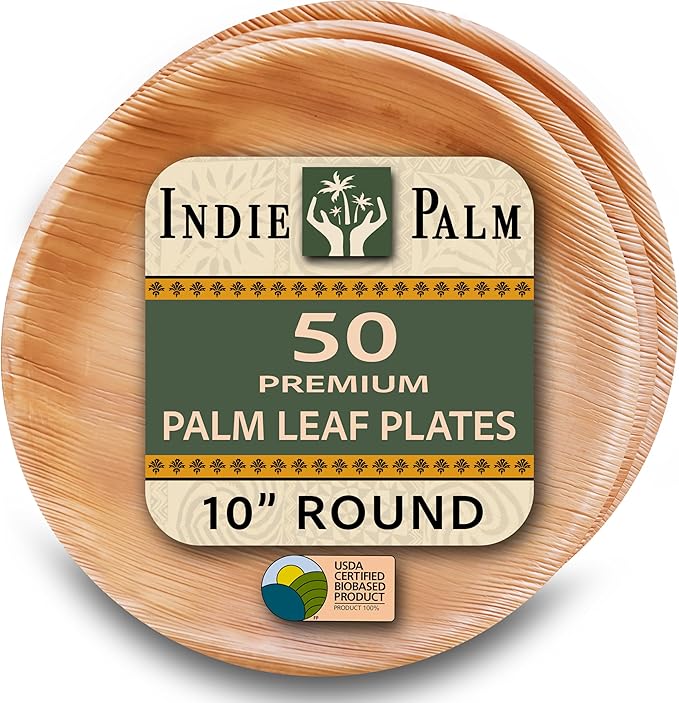 Indie Palm Disposable Palm Leaf Plates – 50 Pack 10 Inch Round – Heavy Duty, 100% Compostable & Biodegradable – Eco-Friendly Alternative to Plastic & Bamboo (50, 10 inches)