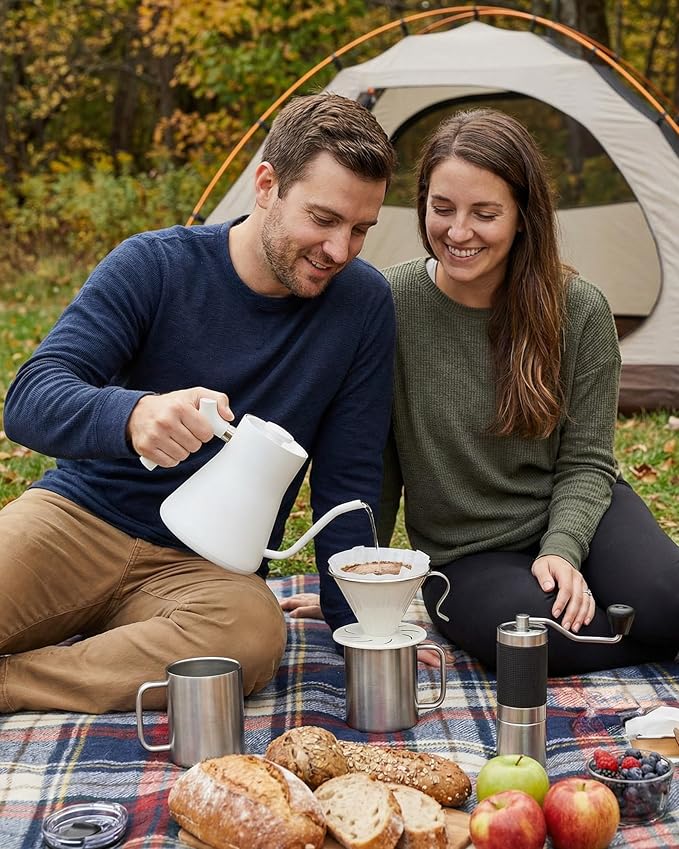 AGOGO Portable Pour Over Coffee Maker V60 Set - Easy Cleaning Compact 304 Stainless Steel Dripper for Camping & 50 Filters Paper & Cleaning Rag Cream V60