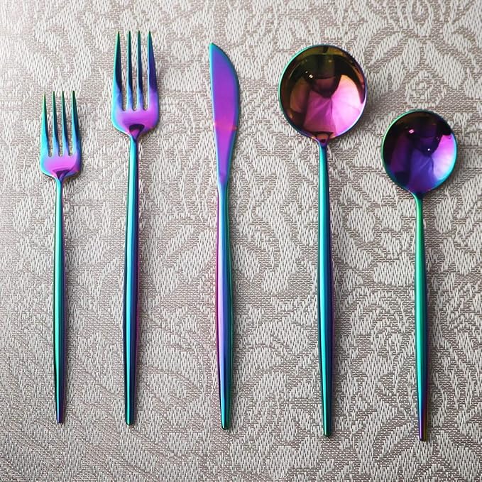 Gugrida Portable Silverware Set - 20-Piece Flatware Cutlery Set - 18/10 Stainless Steel - Mirror Polishing Rainbow Travel Elegant Modern Utensils - Service for 4 Include Steak Knife Dinner Fork Spoon